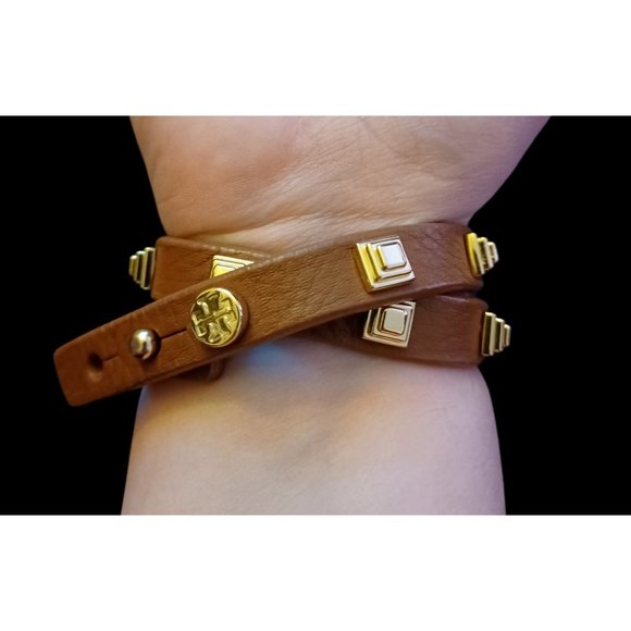 Tory Burch Brown Leather Gold Tone Studded 15.5" Long Wrap Bracelet - Picture 3 of 8